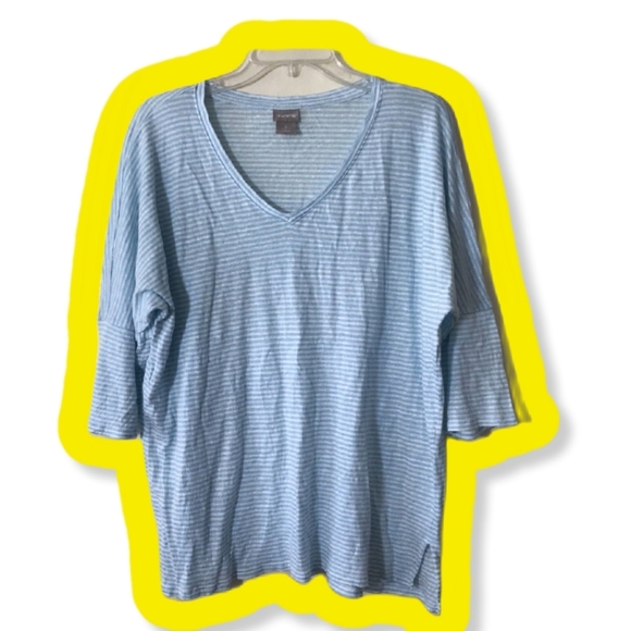 Chico’s size 1 Light Blue & white striped 3/4 sleeve V-neck Linen Shirt - Picture 4 of 10